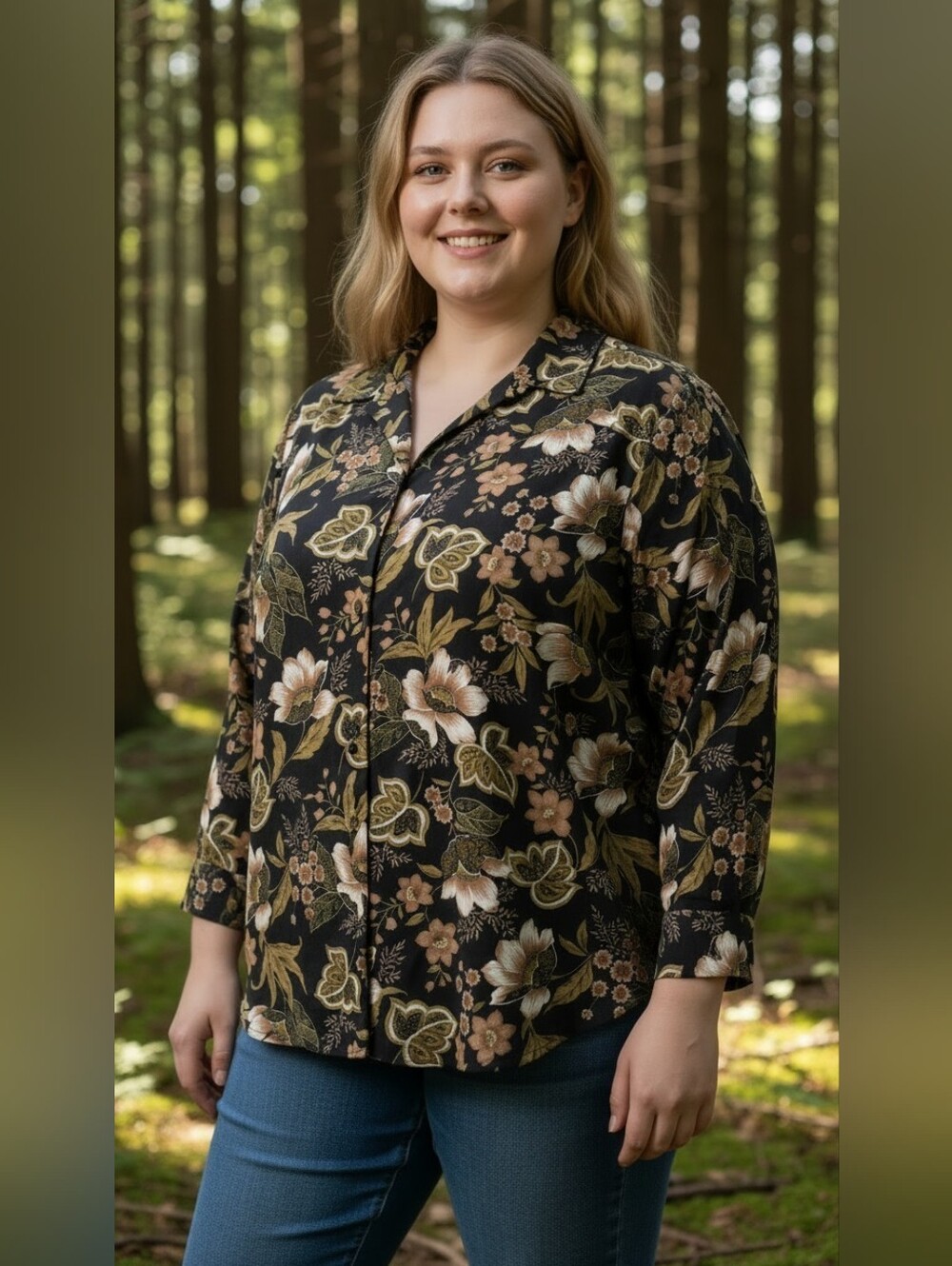 TAK High Fashion XXL Black Floral Button Front Blouse